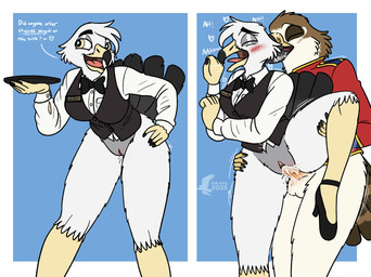 anthro balls bent_over bodily_fluids bottomless bottomless_female bottomless_male bow_tie clothed clothing cum cum_in_vagina cum_inside dialogue duo female genital_fluids genitals male male/female marching_band_uniform name_tag on_one_leg penetration penile penile_penetration penis penis_in_vagina sex standing standing_sex talon_hands text topwear vaginal vaginal_penetration vest vulva waiter waiter_suit waiter_tray fish_birb dennis_(fish_birb) spoon_(hungrycrow) accipitrid accipitriform avian bird buteo chickenhawk gull lari larid red-tailed_hawk comic english_text hi_res