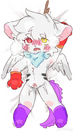 4_fingers ambiguous_gender anthro antlers bed_sheet bedding blush bodily_fluids confusion cum dichromatic_eyes dragon_tail female fingers fur genital_fluids horn multicolored_body nude open_mouth purple_body purple_fur red_eyes scarf simple_background solo wings yellow_eyes paieliny felid mammal hi_res