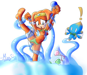 ambiguous_gender anthro bandage bikini blue_eyes bodily_fluids breasts clothed clothing dessert dreadlocks eyelashes female female/ambiguous food forced fur genitals group ice_cream nipples open_mouth orange_body orange_fur partially_clothed penetration rape sex simple_background sweat swimwear tentacle_rape tentacle_sex tentacles translucent translucent_tentacles two-piece_swimsuit vaginal vaginal_penetration vulva water water_tentacles white_background meyk sega sonic_adventure sonic_the_hedgehog_(series) chaos_(sonic) tikal_the_echidna chao_(sonic) echidna mammal monotreme monster absurd_res digital_media_(artwork) hi_res