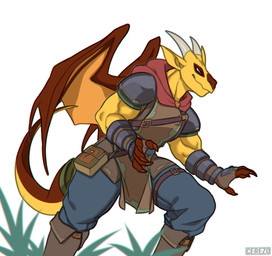 anthro armor belt boots claws clothed clothing footwear gauntlets gloves handwear horn male muscular muscular_anthro muscular_male partially_clothed shoes simple_background solo tail topwear wings yellow_body cerezo mythology dragon mythological_creature mythological_scalie scalie chromatic_aberration digital_media_(artwork) hi_res