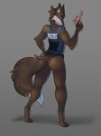 action_pose anthro butt clothing female gun looking_back police police_uniform pose ranged_weapon smile smiling_at_viewer smirk smirking_at_viewer solo underwear uniform weapon cinnamomo canid canine fox mammal hi_res pinup