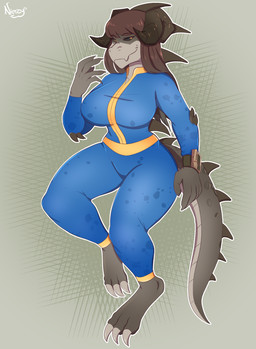 anthro big_breasts black_sclera breasts claws clothed clothing curvy_figure female hair horn long_hair looking_at_viewer non-mammal_breasts pip-boy simple_background smile solo tail thick_thighs toe_claws vault_suit voluptuous wide_hips yellow_eyes nimzy fallout microsoft deathclaw reptile scalie digital_media_(artwork) hi_res