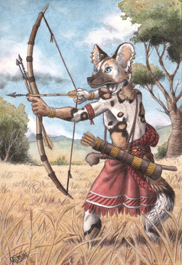 anthro arrow_(weapon) big_ears biped black_body black_fur blue_eyes bow_(weapon) brown_body brown_fur claws club_(weapon) drawing_bowstring ear_piercing ear_ring finger_claws fur grass holding_arrow holding_bow_(weapon) holding_object holding_ranged_weapon holding_weapon male melee_weapon multicolored_body multicolored_fur outside piercing plant quiver_(object) ranged_weapon ring_piercing solo standing tree weapon white_body white_fur 0laffson african_painted_dog african_wild_dog canid canine mammal 2026 hi_res painting_(artwork) watercolor_(artwork)