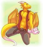 anthro belt biped bottomwear clothed clothing horn kneeling looking_at_viewer male markings navel open_clothing open_shirt open_topwear pants scales shirt solo tail tongue tongue_out topwear underwear undressing unzipped vest wings yellow_body yellow_scales zipper kellwolfik mythology liervey dragon mythological_creature mythological_scalie scalie digital_media_(artwork) hi_res shaded