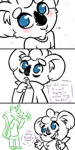 anthro blue_eyes blush clothed clothing dialogue duo gesture hand_gesture head_tilt heart_symbol looking_at_viewer male middle_finger pleading_eyes simple_background smile speech_bubble text waving white_background inkyfrog disney zootopia anon anthro_anon clancy_(inkyfrog) fan_character koala mammal marsupial vombatiform 2016 black_and_white comic english_text hi_res monochrome partially_colored
