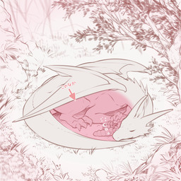 ambiguous_gender backpack curled_up duo feral forest grass horn kemono light lying membrane_(anatomy) membranous_wings outside plant shadow sleeping sleeping_bag sunlight tail tree wings dragoooon1223 mythology dragon human mammal mythological_creature mythological_scalie scalie