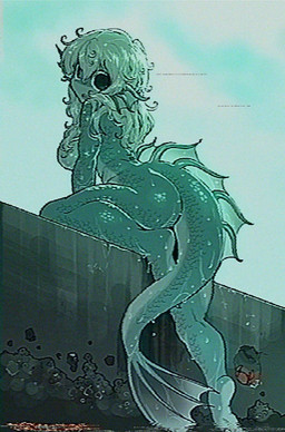 anthro breasts feet female fin hair nude smile solo tail teeth vhs_filter wall_(structure) sanjiro aquatic arthropod crab crustacean decapod malacostracan scalie digital_media_(artwork) hi_res