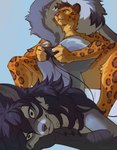 anthro bodily_fluids duo female forearms fur gaming hair male markings nude scaled_forearms scales simple_background spots spotted_body spotted_fur sweat sweatdrop hioshiru hioshiru_(character) leo_(amur_leo) enfield felid leopard mammal pantherine 2022 digital_media_(artwork) hi_res