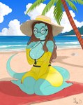 5_fingers 5_toes anthro barefoot beach beach_towel big_breasts bite biting_lip blue_sky breasts brown_hair choker claws cleavage clothed clothing curvy_figure day detailed_background dress eyewear feet female finger_claws fingers freckled_breasts freckled_face freckled_shoulders freckles glasses hair hat headgear headwear jewelry kneeling long_hair long_tail looking_at_viewer multicolored_body multicolored_scales necklace outside palm_tree plant round_glasses scales sea seaside sky smile snout solo sun_hat tail teal_eyes thick_thighs toe_claws toes towel tree turquoise_body turquoise_scales two_tone_body two_tone_scales voluptuous voluptuous_anthro voluptuous_female water wide_hipped_anthro wide_hipped_female wide_hips yellow_clothing yellow_dress rick_fox hold_onto_mi tiffany_(hold_onto_mi) dinosaur prehistoric_species reptile scalie theropod tyrannosaurid tyrannosauroid tyrannosaurus tyrannosaurus_rex 2024 absurd_res digital_drawing_(artwork) digital_media_(artwork) hi_res watermark