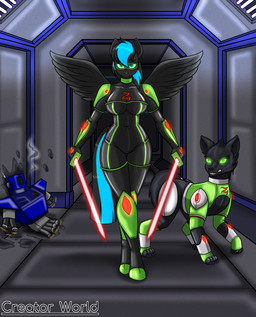 ambiguous_gender anthro big_breasts black_body black_fur black_hair black_latex blue_eyes blue_hair bodysuit breasts clothed clothed_anthro clothed_female clothing cybernetics dual_wielding duo feathered_wings feathers female feral fur glowing glowing_eyes green_eyes green_latex hair holding_lightsaber holding_object holding_weapon latex latex_bodysuit latex_clothing latex_skinsuit lightsaber looking_at_viewer machine melee_weapon multicolored_bodysuit multicolored_clothing multicolored_hair multicolored_skinsuit red_lightsaber skinsuit tail text tight_clothing two_tone_bodysuit two_tone_clothing two_tone_hair two_tone_skinsuit visor weapon wings creator_world_(artist) mythology star_wars nightlight_aura canid canine canis cyborg equid equine mammal mythological_creature mythological_equine pegasus robot wolf 2023 english_text hi_res story story_in_description