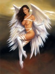 breasts brown_eyes brown_hair clothing feathered_wings feathers female gloves hair handwear legwear long_hair looking_at_viewer navel nipples not_furry nude solo thigh_highs wings lorenzo_sperlonga angel