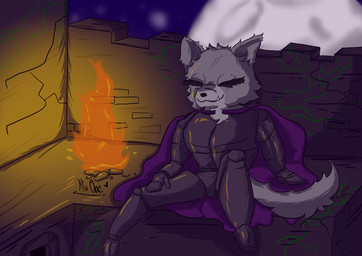 anthro armor campfire clothing female gauntlets gloves handwear resting sitting solo noonearts elden_ring fromsoftware blaidd_(elden_ring) absurd_res hi_res