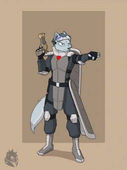 anthro armor boots clothed clothed_male clothing eyewear eyewear_on_head fingerless_gloves footwear fur gloves goggles goggles_on_head grey_body grey_fur gun handgun handwear male pistol ranged_weapon shoes solo weapon raubr1tter dreamkeepers canid mammal hi_res