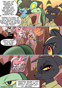 ambiguous_gender anthro anthrofied black_body black_fur dialogue fur group male pink_body pink_fur red_eyes text odeko-yma nintendo pokemon pokemon_mystery_dungeon spike_chunsoft lucky_(odeko-yma) pix_(odeko-yma) eeveelution farfetch'd generation_1_pokemon generation_2_pokemon generation_3_pokemon generation_4_pokemon generation_6_pokemon generation_7_pokemon grovyle luxray pokemon_(species) ribombee sylveon umbreon 2025 absurd_res comic english_text hi_res
