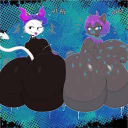 anthro big_butt black_body blue_eyes bubble_butt butt duo grey_body hair huge_butt male purple_hair spade_tail tail lokbunny17 canid canine domestic_cat felid feline felis fox mammal 2025 hi_res