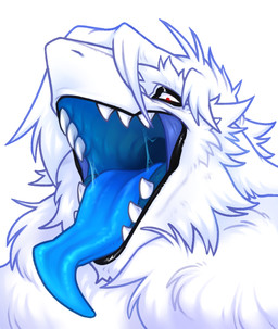 blue_tongue bodily_fluids fur hair looking_at_viewer mouth_shot open_mouth open_smile red_eyes saliva saliva_string sharp_teeth simple_background smile solo teeth tongue tongue_out white_background bariesuterram sergal bust_portrait hi_res portrait