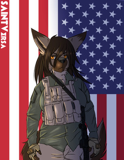 american_flag anthro black_nose bottomwear breasts brown_eyebrows brown_hair clothed clothing dipstick_ears ear_markings eyebrows female fingerless_gloves fingers fur gloves gun hair handwear jacket looking_at_viewer military multicolored_body multicolored_ears multicolored_fur neck_tuft orange_eyes pants ranged_weapon solo tactical tail tan_body tan_fur topwear tuft united_states_of_america weapon saintversa canid canine mammal absurd_res hi_res