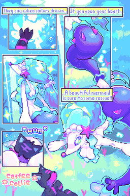 ambiguous_gender anthro black_body black_fur blue_eyes blue_hair breasts bubble duo eyelashes eyes_closed featureless_breasts female feral fur gem hair pearl_(gem) solo sparkles split_form starfish_(accessory) text underwater water white_body coffee_collie nintendo pokemon anthozoan aquatic asterozoan cnidarian coral echinoderm felid feline generation_7_pokemon litten mammal pokemon_(species) primarina starfish 2025 2:3 absurd_res comic english_text hi_res signature