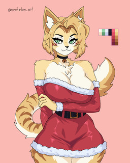 anthro arm_under_breasts bedroom_eyes bell bell_collar belt belt_buckle big_breasts black_belt black_choker black_jewelry black_necklace blonde_hair breasts buckle choker claws cleavage clothed clothing collar color_swatch costume dress female fur fur_trim green_eyes hair half-closed_eyes hand_on_own_arm holidays jewelry jingle_bell looking_at_viewer narrowed_eyes necklace off_shoulder pink_background ponytail pupils red_clothing red_dress santa_costume santa_dress seductive simple_background slit_pupils smile solo tail thick_thighs white_body white_fur wide_hips yellow_body yellow_fur nevtelen christmas mihoyo zenless_zone_zero pulchra_fellini felid feline mammal thiren 4:5 digital_media_(artwork) microsoft_paint_(artwork) portrait three-quarter_portrait watermark