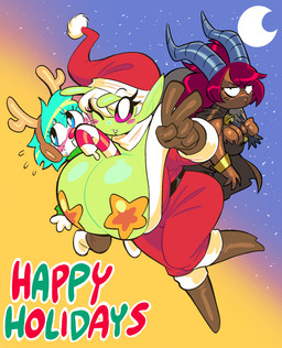 big_breasts blue_hair breasts brown_body brown_skin christmas_clothing christmas_headwear clothed clothing fake_antlers fake_horns female gesture gloves green_body green_skin group hair hand_gesture handwear hat headgear headwear holidays horn huge_breasts humanoid_pointy_ears long_hair looking_at_viewer noseless one_eye_closed pasties pointy_ears purple_hair santa_hat text v_sign white_hair theguywhodrawsalot christmas valerie_(theguywhodrawsalot) alien alien_humanoid horned_humanoid humanoid english_text hi_res