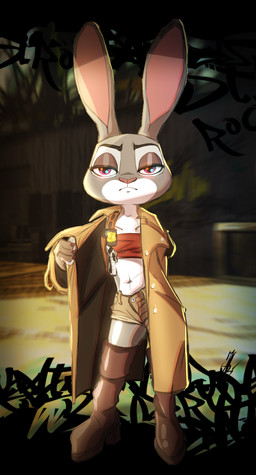 3_toes 4_fingers anthro badge bandolier black_body black_fur boots bottomwear breasts brown_clothing brown_coat brown_topwear clothed clothing clothing_lift coat eyebrows feet female fingers footwear fur glistening glistening_body glistening_eyes glowing glowing_eyes graffiti grey_body grey_fur gun half-closed_eyes handgun high_heels holster holstered_pistol long_ears midriff mouth_closed multicolored_body multicolored_fur narrowed_eyes navel open_clothing open_coat open_topwear partially_clothed pistol pose purple_eyes ranged_weapon red_clothing red_topwear red_tube_top shoes shorts simple_background solo toes topwear trenchcoat tube_top weapon auga disney electronic_arts need_for_speed zootopia judy_hopps lagomorph leporid mammal rabbit crossover hi_res