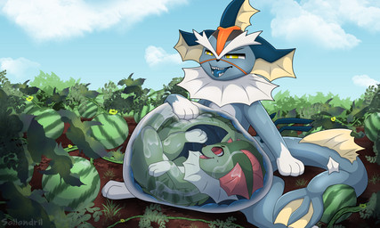 abdominal_bulge ambiguous_gender belly big_belly bodily_fluids drooling duo feral food fruit fully_inside inside_stomach internal melon open_mouth oral_vore organs plant saliva sitting smile smirk soft_vore stomach tail tongue vore watermelon sallandril nintendo pokemon fan_character eeveelution generation_1_pokemon pokemon_(species) vaporeon 5:3 absurd_res digital_media_(artwork) hi_res