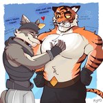 anthro belly duo male male/male pecs pecs_touching pecs_with_breasts pecsgrab slightly_chubby slightly_chubby_male stripes text kyroshiba epic_games fortnite oscar_(fortnite) wendell_(fortnite) canid canine canis felid fox mammal pantherine tiger wolf 1:1 english_text hi_res