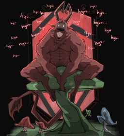 abs anthro black_background curved_horn fluffy fluffy_tail fungus fur fur_tuft hooved_toes hooves horn hunched_over laugh looking_at_viewer male muscular muscular_male mushroom nipples pecs pubes red_body red_fur sharp_teeth simple_background sitting smile smiling_at_viewer solo tail teeth text tuft white_eyes ryanburr don't_starve klei_entertainment wortox bovid caprine caprine_demon demon goat_demon imp mammal hi_res