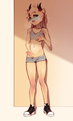 :o animal_ears anthro bare_arms bare_shoulders bodily_fluids body_fur bottomwear clothing commentary crop_top english_commentary femboy footwear genitals grey_bottomwear grey_clothing grey_shorts horn hotpants looking_at_viewer male masturbation navel open_mouth penis rabbit_ears shirt shoes shorts solo standing sweat teeth tongue topwear pita_potato lace_(lacethecutegoat) absurd_res full-length_portrait hi_res portrait