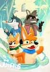 adventure anthro application city group jkfussy jumpfos male sky canid canine canis domestic_dog fennec_fox fox mammal procyonid raccoon true_fox game_(disambiguation) hi_res