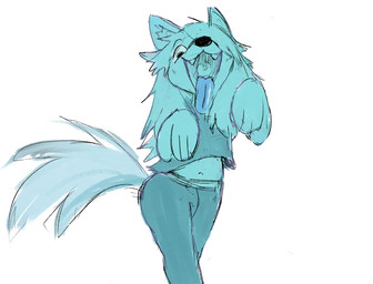 anthro bottomwear clothing crop_top denim denim_bottomwear denim_clothing fangs female front_view hair hair_over_eye jeans long_hair looking_at_viewer midriff open_mouth pants paw_pose pose shirt simple_background solo standing tail teeth tongue tongue_out topwear uvula pawmutt wolfie_(wolfplush) canid canine canis mammal wolf 2025 trans_(lore) trans_woman_(lore)