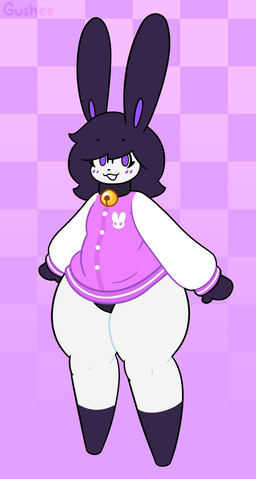 ambiguous_gender anthro bell bell_collar biped bottomless checkered checkered_background clothed clothing collar featureless_crotch featureless_feet feet gloves_(marking) hair huge_hips jacket leg_markings letterman_jacket looking_at_viewer markings multicolored_body open_mouth open_smile pattern_background pink_background pink_clothing pink_jacket pink_topwear purple_body purple_eyes purple_hair simple_background slightly_chubby slightly_chubby_ambiguous slightly_chubby_anthro smile socks_(marking) solo standing thick_thighs topwear two_tone_body white_body wide_hips gushee lagomorph leporid mammal rabbit hi_res signature