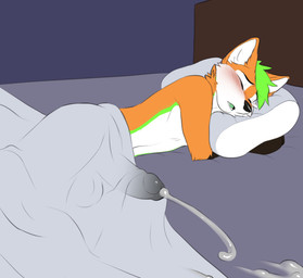 anthro bed big_penis black_penis blush bodily_fluids cum cum_through_blanket cumshot ejaculation erection erection_under_blanket fur furniture genital_fluids genitals grey_hair hair male on_bed open_mouth orange_body orange_fur penis pillow sleeping small_but_hung solo tenting wet_dream white_body white_fur jailbird flashingfox canid canine fox mammal 2023 hi_res