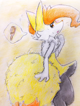 ambiguous_anthro ambiguous_gender anthro biped blush bodily_fluids brush digitigrade dipstick_tail fluffy fluffy_tail flying_sweatdrops looking_at_viewer looking_back looking_back_at_viewer markings open_mouth rear_view requesting simple_background snout solo speech_bubble standing sweat sweatdrop tail tail_markings three-quarter_view eiroru nintendo pokemon braixen canid generation_6_pokemon mammal pokemon_(species) 2018 colored_pencil_(artwork) graphite_(artwork) hi_res japanese_description portrait three-quarter_portrait traditional_media_(artwork) translated_description