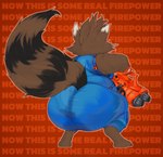 anthro big_butt bodily_fluids butt clothed clothing fluffy fluffy_tail fully_clothed gun huge_butt male moobs overweight overweight_male ranged_weapon rear_view short solo suit sweat sweat_stain sweatdrop sweaty_butt tail weapon rblxeevee guardians_of_the_galaxy marvel marvel_rivals rocket_raccoon mammal procyonid raccoon hi_res