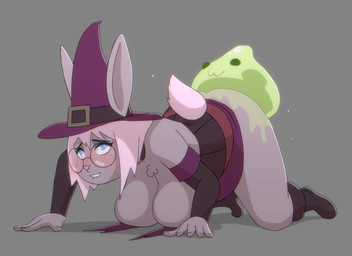 :3 all_fours ambiguous_gender anthro big_breasts big_butt bite biting_lip biting_own_lip blush boots bottomwear breasts butt clothed clothing doggystyle duo eyewear female female/ambiguous footwear from_behind_position furgonomics glasses hat headgear headwear interspecies larger_female partially_clothed perching_position self_bite sex shoes simple_background size_difference skirt slightly_chubby slime smaller_ambiguous smaller_on_top smile tail tail_through_skirt witch_hat omegaozone iris_cottontail goo_creature lagomorph leporid mammal rabbit 11:8 2019 2d_animation animated motion_tweening