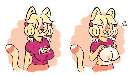 all_elite_wrestling anthro big_breasts breasts clothed clothing clothing_lift female flashing flashing_breasts looking_at_viewer nipple_piercing nipples one_eye_closed piercing pigtails ribbons shirt shirt_lift simple_background solo tongue tongue_out topwear wink yearofthesnitch milky_way_(yearofthesnitch) cougar felid feline mammal comic hi_res restricted_palette