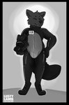 anthro armor barcode black_body black_border black_fur black_nose border bulge clothed clothing digitigrade eyes_closed fangs front_view fur gas_mask glistening glistening_clothing glistening_latex hand_on_hip headgear helmet latex latex_clothing latex_skinsuit male male_anthro mask skinsuit smile solo standing teeth text tight_clothing visor conditional_dnp lustylamb canid canine canis mammal wolf 2024 absurd_res artist_name digital_drawing_(artwork) digital_media_(artwork) hi_res url