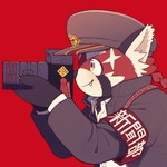 anthro biped black_body blush camera clothing cute_fangs fangs hat headgear headwear humanoid_hands kemono red_background red_body shirt simple_background solo teeth topwear a_vwxyz lifewonders tokyo_afterschool_summoners zhurong_(tas) ailurid mammal red_panda 1:1 2021