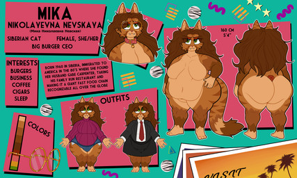 anthro bell bell_collar belly big_belly bottomwear breasts brown_body brown_fur brown_hair clothed clothed_anthro clothed_female clothing collar eyewear female female_anthro fur glasses graphic_design green_eyes hair looking_at_viewer multiple_poses navel nude obese obese_anthro obese_female overweight overweight_anthro overweight_female palm_tree plant pose simple_background smile solo suit sweater tail text text_box thick_thighs topwear tree wearing_glasses wide_hips catboyz mika_(catboyz) domestic_cat felid feline felis mammal siberian_cat 5:3 absurd_res digital_media_(artwork) english_text hi_res model_sheet