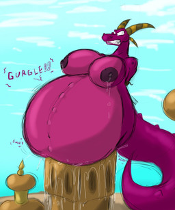 angry anthro belly big_belly big_breasts bodily_fluids bodily_noises breasts castle clenched_teeth different_sound_effects drooling expansion_sound_effect fangs female huge_belly huge_breasts hyper hyper_belly inflation lactating milk navel nipples non-mammal_breasts onomatopoeia rumbling_stomach saliva sharp_teeth sky slosh sloshing_belly solo sound_effects spiked_tail spikes spikes_(anatomy) stuck swelling tail teeth text water shinysteel 20th_century_fox bartok_the_magnificent don_bluth mythology ludmilla_(bartok) dragon mythological_creature mythological_scalie reptile scalie 2015 colored_sketch digital_media_(artwork) hi_res sketch