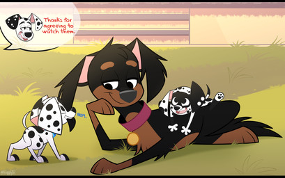 black_body black_fur black_nose black_paws black_spots brown_paws collar duo female feral floppy_ears fluffy_ears fur grass half-closed_eyes heterochromatic_ears leg_markings male markings narrowed_eyes pink_collar plant socks_(marking) speech_bubble spots toony white_body white_fur white_spots higglytownhero 101_dalmatian_street 101_dalmatians disney dee_dee_(101_dalmatians) dizzy_(101_dalmatians) dylan_(101_dalmatians) fan_character juday_(cartooncross) canid canine canis dalmatian domestic_dog mammal mixed_breed