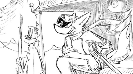 anthro bayonet clothing duo hand_on_hip hat headgear headwear knife male melee_weapon military military_uniform mountain rapier scarf sculpture sharp_teeth smile soldier statue sun sword teeth temple uniform warrior weapon dragonweirdo canid canine mammal 16:9 comic hi_res monochrome widescreen