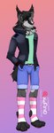 anthro black_body black_clothing black_fur black_jacket black_tail black_topwear blue_bottomwear blue_clothing blue_shorts bottomwear clothed clothing digitigrade footwear fur green_clothing green_shirt green_topwear grey_body grey_fur hand_in_pocket jacket legwear machine multicolored_eyes pink_nose pockets rainbow_eyes scar shirt short_tail shorts smile smiling_at_viewer socks solo standing tail topwear xefino fywolf android felid feline lynx mammal robot digital_drawing_(artwork) digital_media_(artwork) hi_res