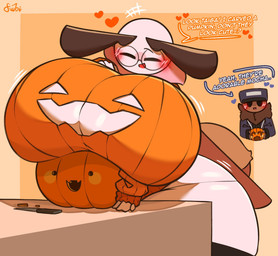 antennae_(anatomy) anthro big_breasts blush border breast_rest breasts cleavage_cutout clothed clothing cutout duo eyes_closed eyewear female female_focus food fruit furniture glasses glistening glistening_body halloween_decoration holidays huge_breasts huge_hips jack-o'-lantern knife male motion_lines open_mouth orange_background orange_clothing orange_shirt orange_topwear pantsless plant pumpkin romantic romantic_couple round_glasses shirt simple_background smile solo_focus standing table tan_border text thick_thighs topwear voluptuous_female white_body wide_hips forsakenedbread halloween mocha_(forsakenedbread) taiga_(forsakenedbread) arthropod insect lepidopteran moth english_text hi_res