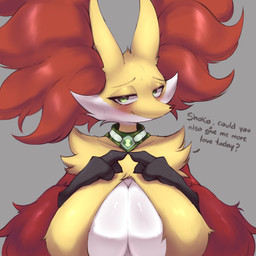 big_breasts blush breast_curtains breasts female fur green_eyes huge_breasts omnitrix solo yellow_body yellow_fur shoko_steff ben_10 cartoon_network nintendo pokemon den10 fan_character delphox generation_6_pokemon pokemon_(species) 1:1 hi_res