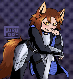 armor breastplate cape claws clothing eyeshadow fangs female fluffy fluffy_tail makeup melee_weapon pupils slit_pupils smile smirk solo sword tail teeth weapon furufoo animal_humanoid canid canid_humanoid canine canine_humanoid humanoid mammal mammal_humanoid wolf_humanoid digital_media_(artwork) portrait