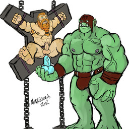 abs armpit_hair bdsm beard body_hair bondage bondage_furniture bound braided_beard bulge chain dildo dominant dominant_male duo erection facial_hair facial_piercing feet genitals hair leather male male/male mask muscular muscular_arms muscular_male nipples nose_piercing nose_ring not_furry orange_hair pecs penis piercing ring_piercing saint_andrew's_cross sex_toy size_difference spread_eagle submissive submissive_male tusks veiny_arms montezuma_(artist) dwarf human humanoid mammal orc 1:1 2012 digital_media_(artwork) hi_res