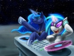 duo electronics eyewear female feral headphones horn moon shutter_shades space star turntable_(decks) slifertheskydragon friendship_is_magic hasbro my_little_pony mythology princess_luna_(mlp) vinyl_scratch_(mlp) equid equine mammal mythological_creature mythological_equine unicorn