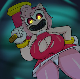 accessory anthro big_breasts black_teeth bracelet breasts cleavage_cutout clothed clothing cutout dress eyelashes female front_view fur gloves glowing glowing_eyes hair hair_accessory hairband hammer hand_on_hip handwear head_tuft holding_hammer holding_object holding_tool holding_weapon huge_breasts jewelry looking_at_viewer low-angle_view open_mouth open_smile panties piko_piko_hammer pink_body pink_fur pink_hair possession red_clothing red_dress sharp_teeth short_hair smile solo tan_body tan_fur teeth thick_thighs tools torn_clothing torn_dress tuft underwear upskirt weapon white_clothing white_gloves white_handwear white_panties white_underwear wide_hips yellow_eyes someth1ngoranother sega sonic_the_hedgehog_(series) amy_rose possessed_amy_rose boo_(sonic) eulipotyphlan hedgehog mammal 2024 hi_res